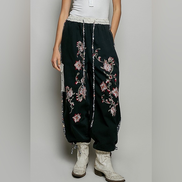 POL Pants - Last 1!! POL Black Track Joggers with Floral Embroidery